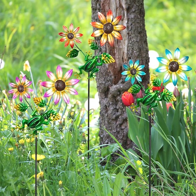 3 Pack Frog＆Flowers Garden Stakes Decor, Metal Yard Art Decorative Garden Stakes - Image 6