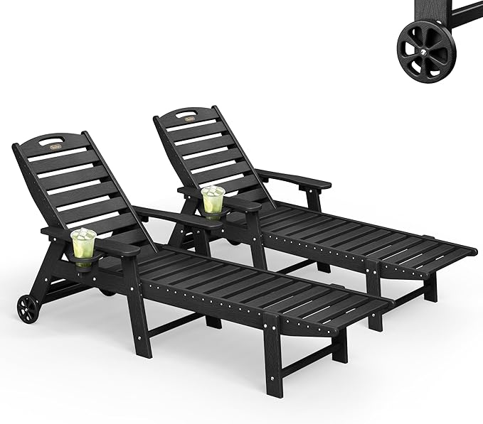 Lounge Chair Outdoor Set of 2, HDPE Chaise Lounge Outdoor, Pool Lounge Chair by Suunyn
