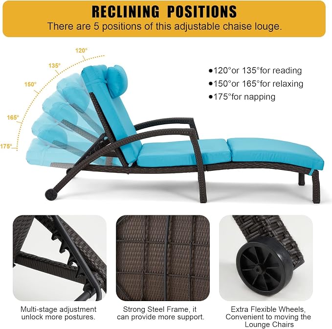 HOMREST Outside Chaise Lounge Chairs Set of 2, Adjustable 5 Position Outdoor PE - Image 5