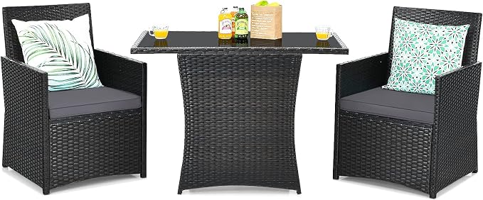 Tangkula 3 Pieces Patio Dining Set, Space-Saving PE Rattan Bistro Set by TANGKULA