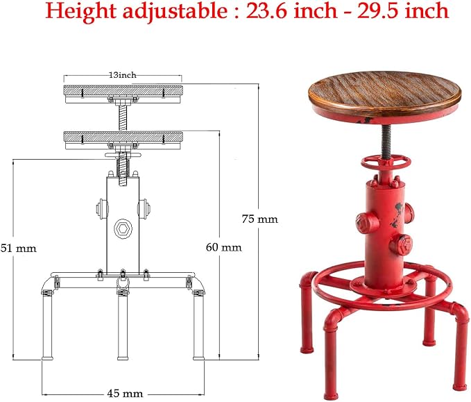 Topower Aged Antique Vintage Industrial Barstool Solid Wood Water Pipe Fire - Image 3