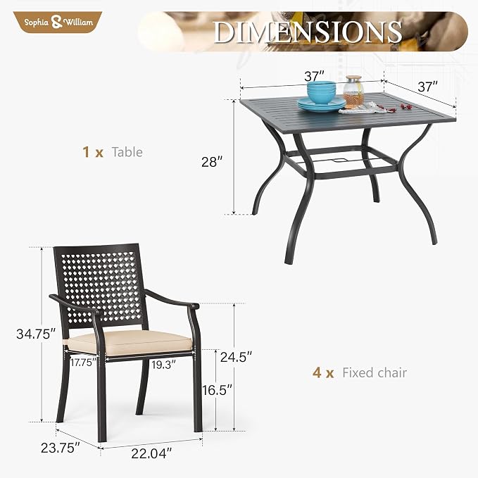 PHI VILLA Metal Patio Outdoor Table and Chairs 5 Piece Dining Set - Image 7