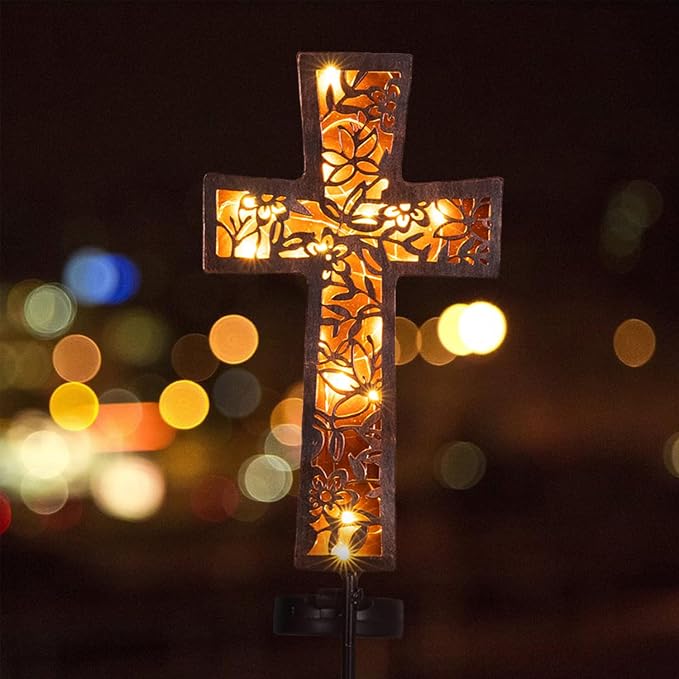 Solar Cross Garden Stake Lights 38inch Metal Outdoor Waterproof Memorial Garden by HUYIENO