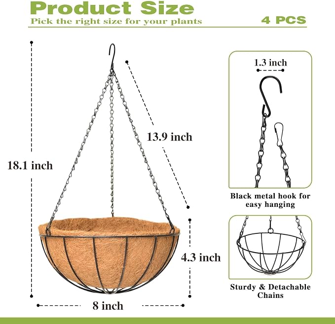 4 Pack 8 Inch Hanging Baskets for Plants Outdoor Metal Hanging Planter Hanging - Image 4