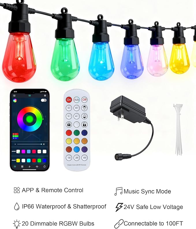 Smart Outdoor String Lights, 100FT RGB Color Changing Patio Lights - Image 7