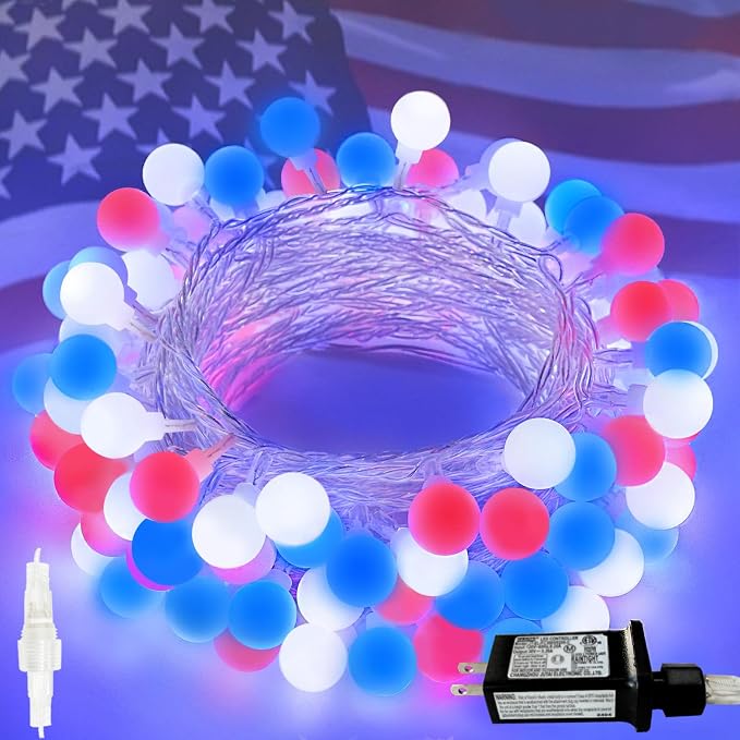 Connectable Red White and Blue String Lights Outdoor Indoor, 42FT 100LED 4th of by LORRYTE