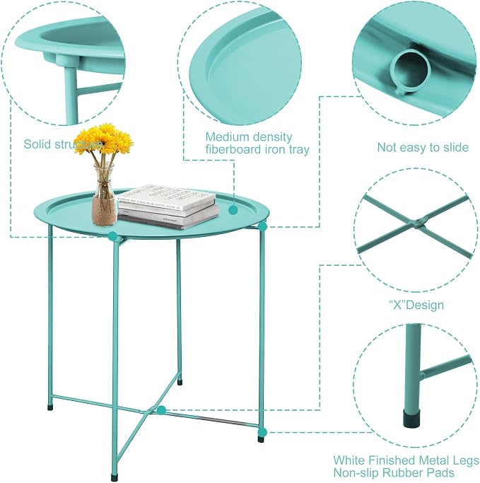 Garden 4 you End Table Metal Side Table Green Round Folding Tray Cyan Sofa - Image 5