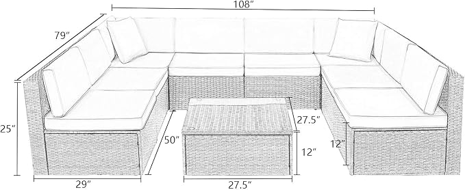Devoko 9 Pieces Outdoor Sectional Sofa All-Weather Patio Furniture Sets Manual - Image 7