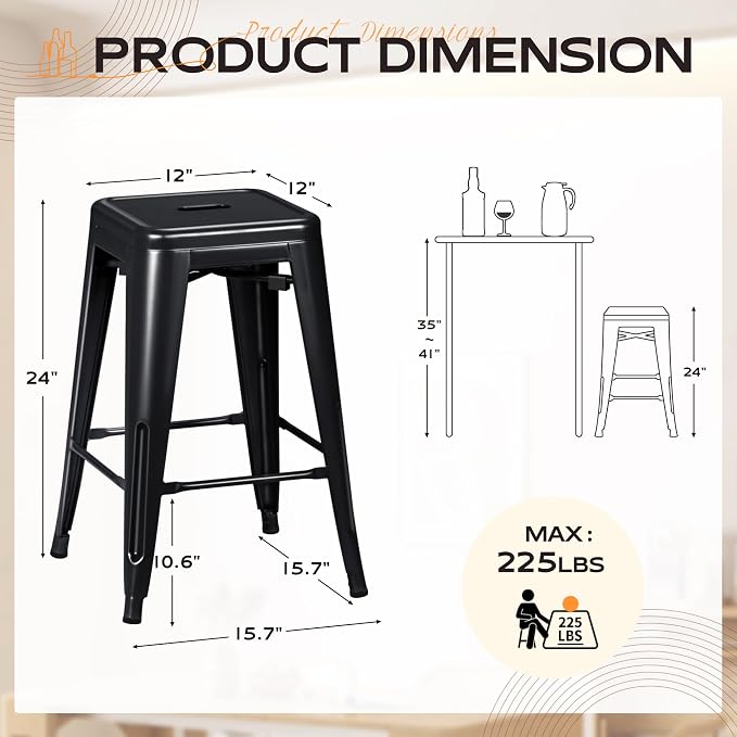 Furmax 24 Inch Metal Bar Stools Set of 4, Counter Height Bar Stools Height High - Image 3