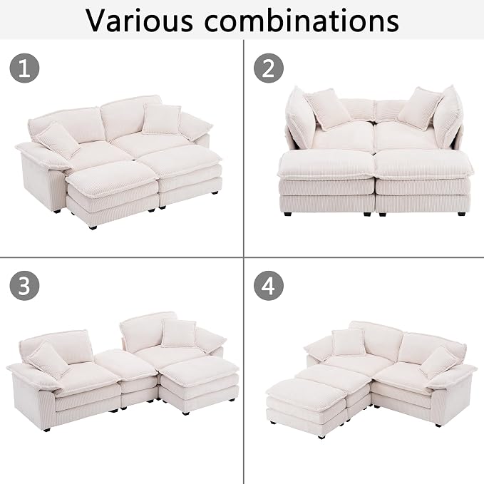 84.6” Corduroy Loveseat with Ottoman, Oversized Double Chaise Lounge Chair - Image 8