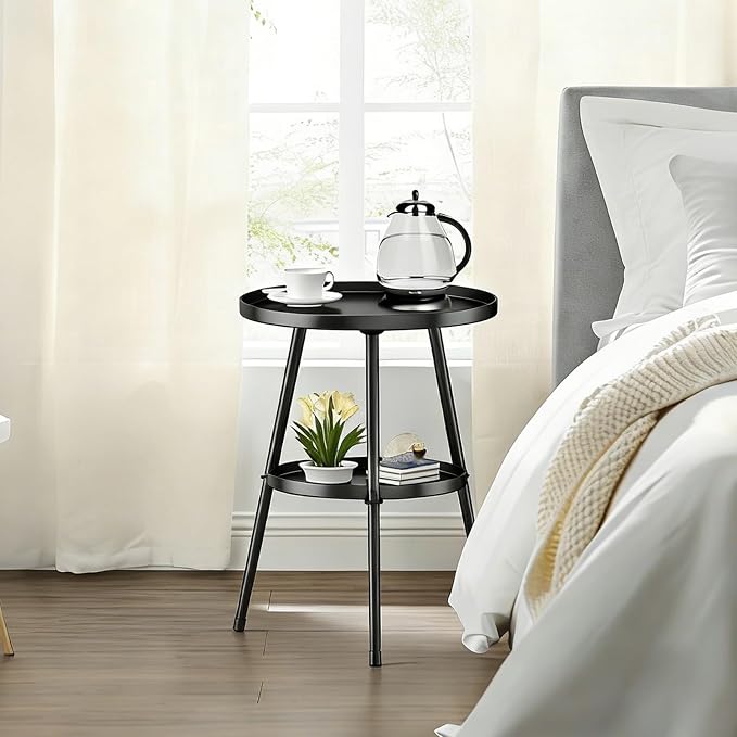 Side Table 2-Tier Small Round End Table Metal Black Accent Table - Image 5