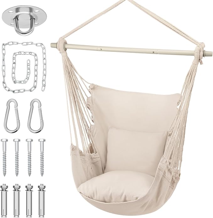 MoNiBloom Hammock Chair Hanging Rope Swing w/2 Cushions, Boho Macrame Hanging by Monibloom