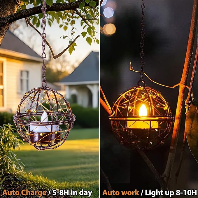Outdoor Solar Hanging Lanterns Waterproof, Globe Hanging Candle Holder - Image 6