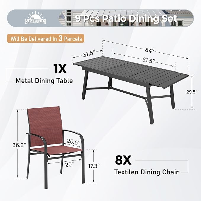 9 Piece Patio Dining Set for 8, Rectangular Extendable Dining Table, 8 Metal - Image 3