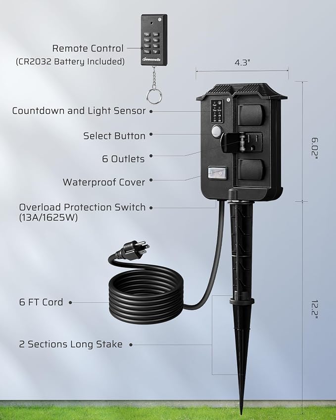 DEWENWILS Outdoor Power Stake Timer Waterproof, 6 Grounded Outlets, 6FT - Image 7