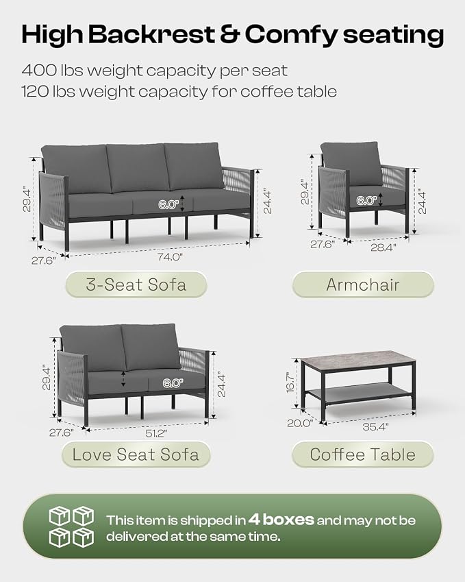 Aluminum Outdoor Patio Couch Loveseat, HDPE Rope Patio Sofa - Image 2