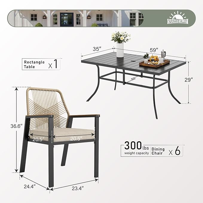 7 Pieces Patio Dining Set, 6 x Woven Rattan Chairs - Image 3