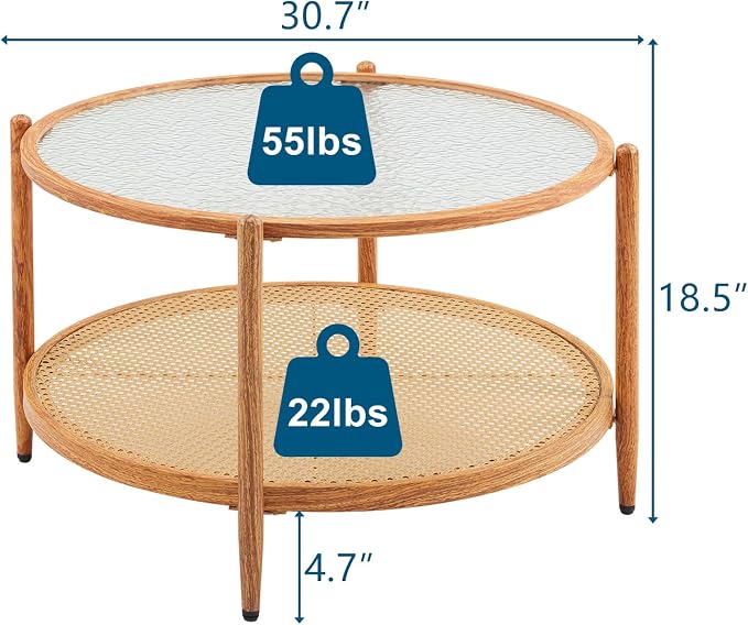 VINGLI 30" Rattan Coffee Table, Round Water-Wave Glass Metal Center Table - Image 2