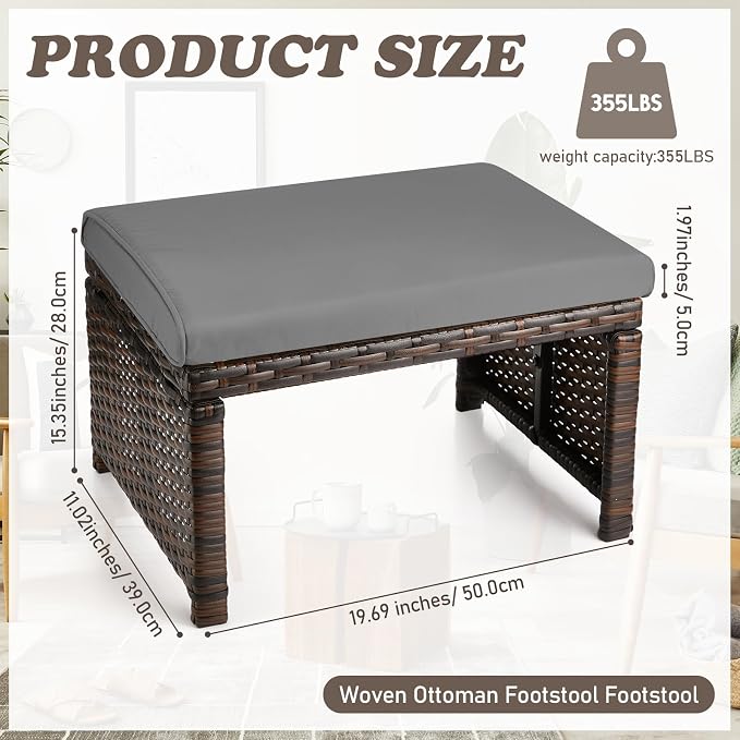 2 Pcs Patio Rattan Ottomans Outdoor Wicker Ottomans Patio Footstool Footrest - Image 2