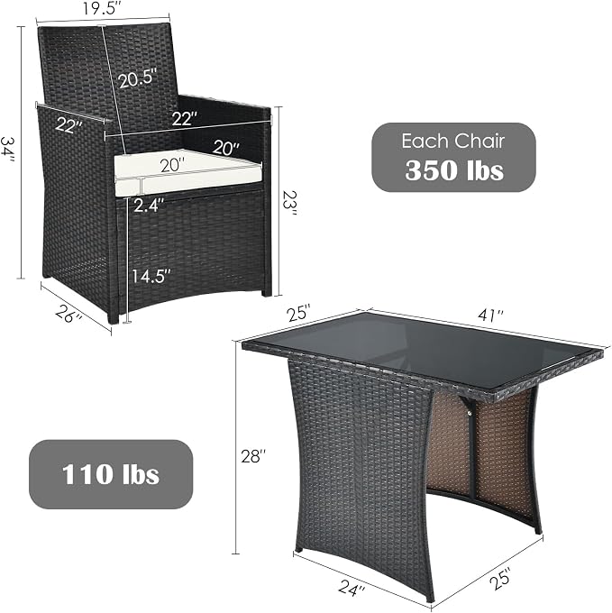 Tangkula 3 Pieces Patio Dining Set, Space-Saving PE Rattan Bistro Set - Image 5