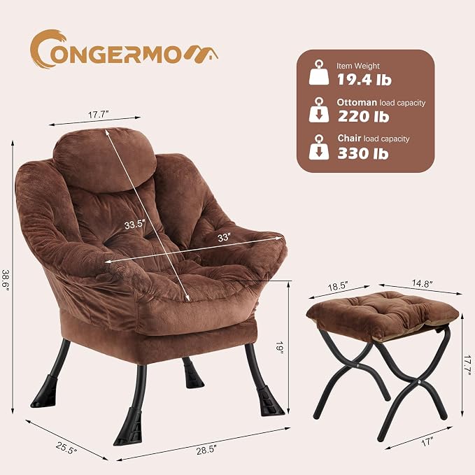 Lazy Chair with Folding Ottoman, Leisure Sofa Chair, Soft Fabric Armchair with - Image 3