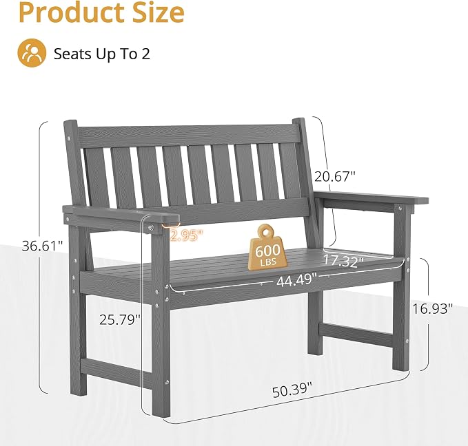 LUE BONA Outdoor Bench, 2-Person HDPS Garden Bench, Outdoor Benches Weatherproof - Image 3
