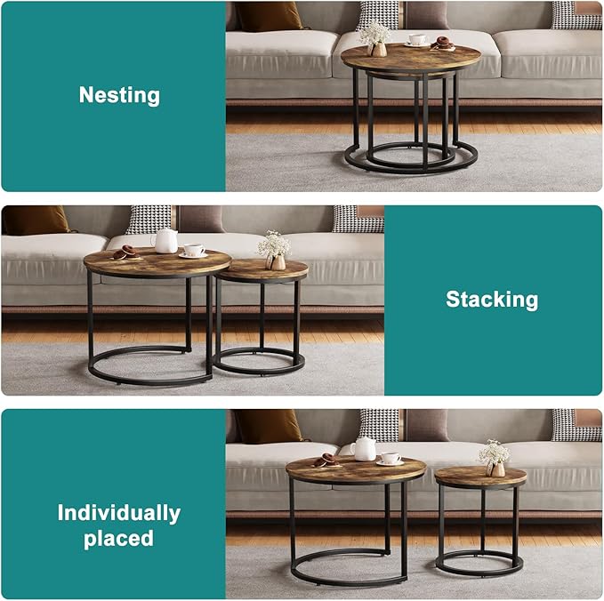 Smuxee Nesting Coffee Table Set of 2, 23.6" Round Coffee Table Rustic Wood Top - Image 5