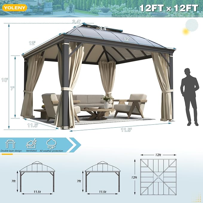 YOLENY 12'x12' Hardtop Gazebo, Permanent Outdoor Aluminum Patio Gazebo - Image 2