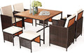 Tangkula 9 Pieces Acacia Wood Patio Dining Set, Space Saving Wicker Chairs and by TANGKULA