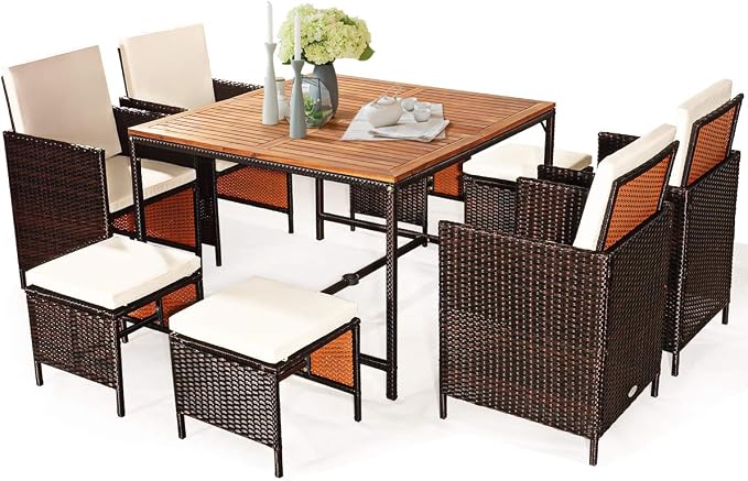 Tangkula 9 Pieces Acacia Wood Patio Dining Set, Space Saving Wicker Chairs and by TANGKULA