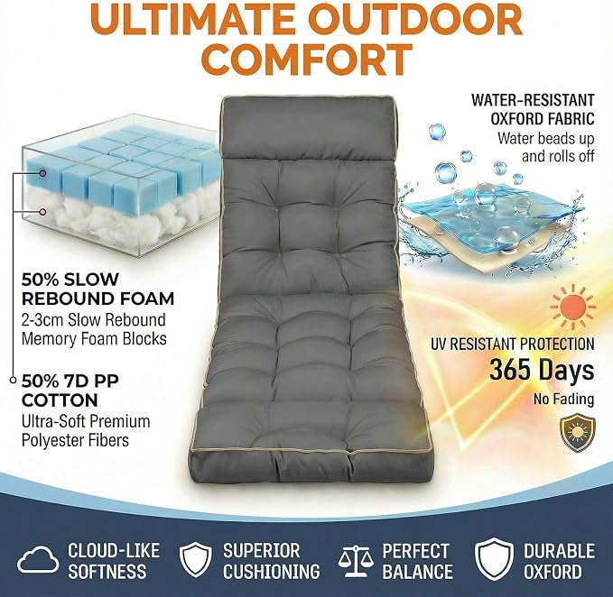 MAGIC ELEPHANT Chaise Lounge Cushion Outdoor, Memory Foam Replacement Patio - Image 2