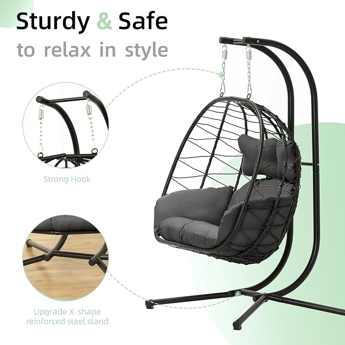 Double Egg Chair with Stand Hammock Swing Chair Foldable Hanging Loveseat - Image 4
