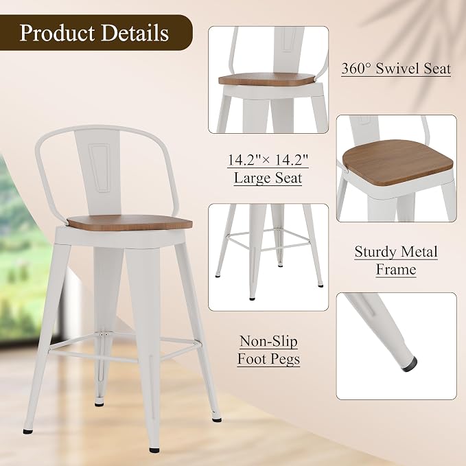 Aklaus Swivel Bar Stools 24 inch Swivel Counter Height Metal Barstools Set of 4 - Image 3