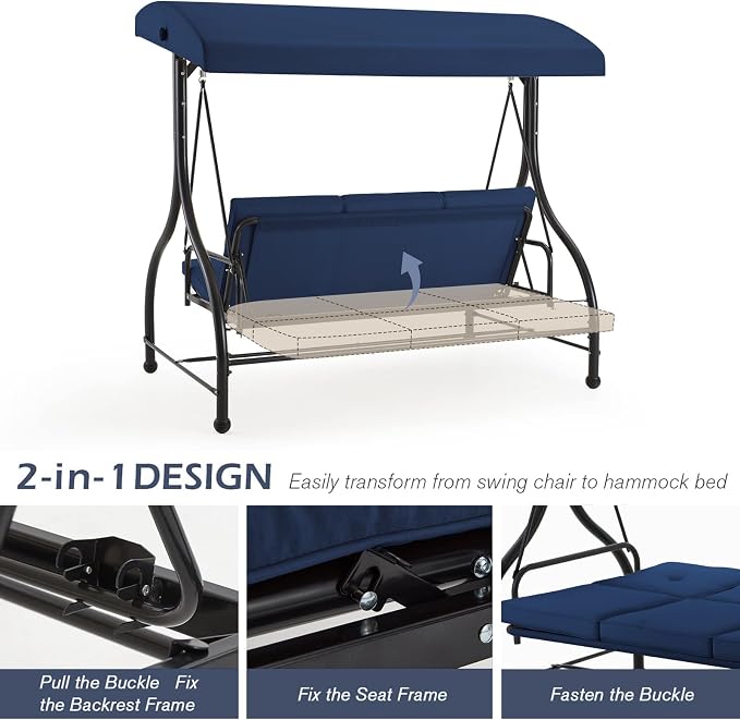 AECOJOY Porch Swing Chair, 3 Seats Porch Swing Adjustable Canopy Outdoor Swing - Image 2