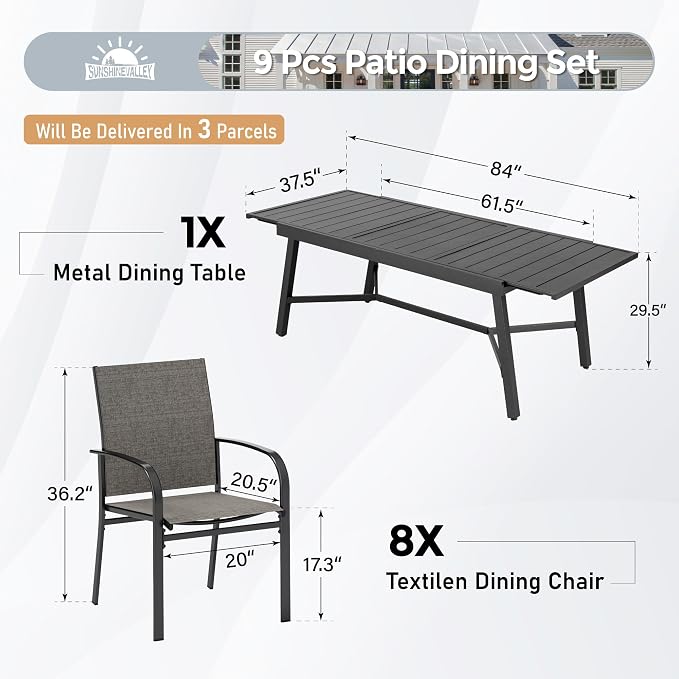 9 Piece Patio Dining Set for 8, Rectangular Extendable Dining Table, 8 Metal - Image 3