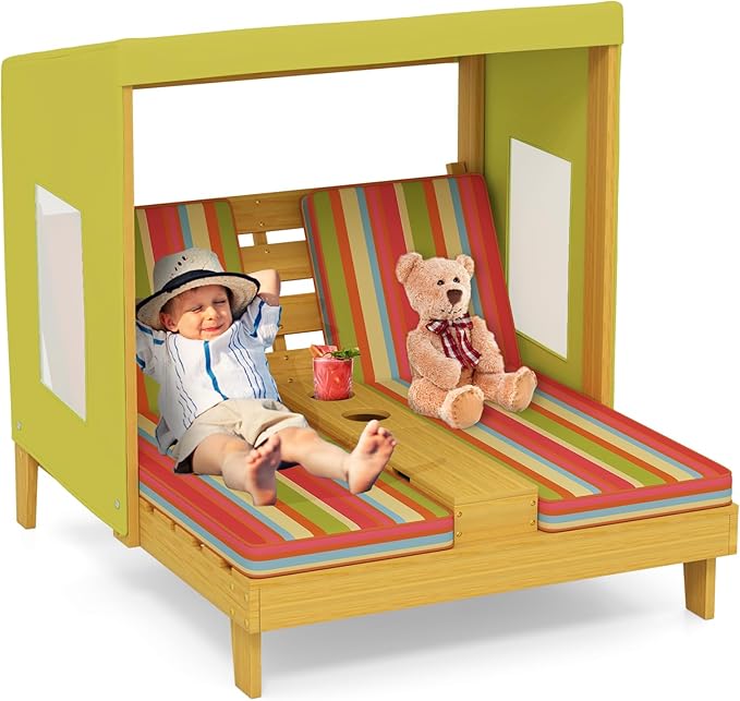 Costzon Kids Lounge Chair Outdoor, Wood Double Seat Chaise Lounge by Costzon