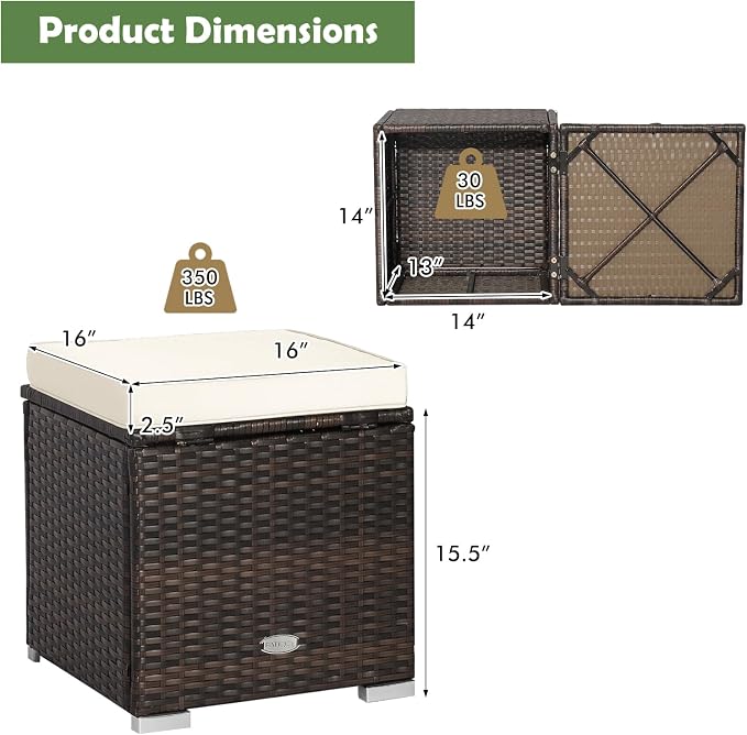 DORTALA Outdoor Storage Ottoman Wicker 2 Piece, Patio Ottomans PE Rattan Foot - Image 3