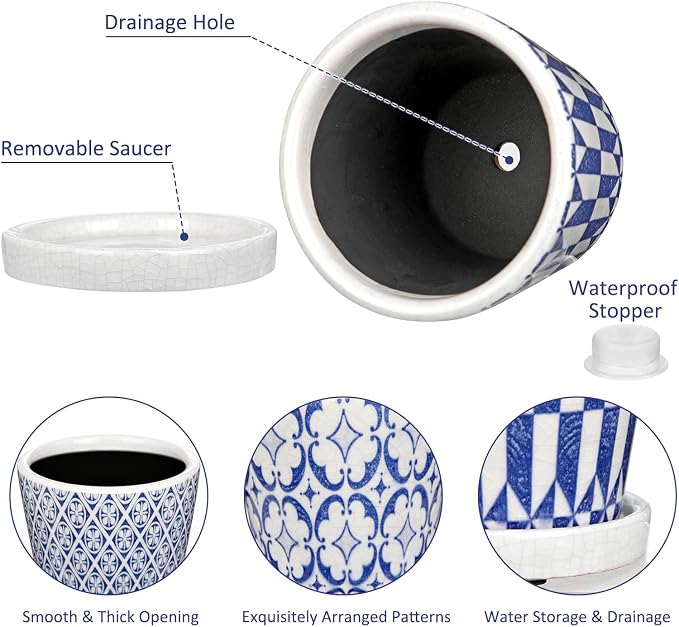 Small Ceramic Pots for Plants, 4.7 inch Blue and White Plant Pot Indoor - Image 2
