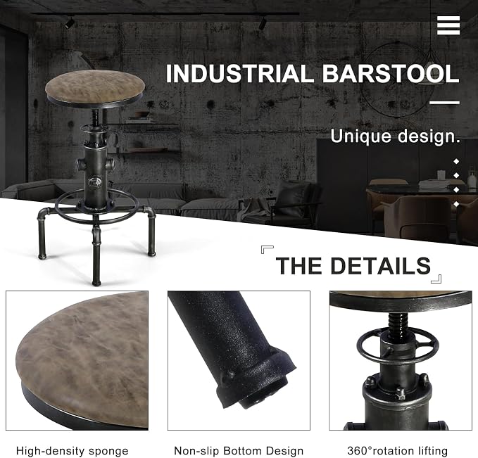 Topower Antique Vintage Industrial Barstool PU Leather Water Pipe Fire Hydrant - Image 6