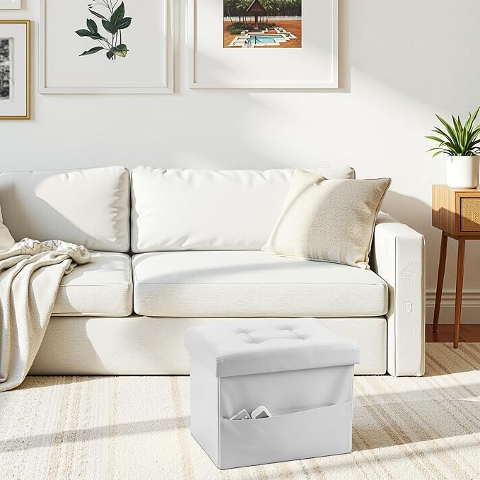 AmasSmile White Storage Ottoman Folding Foot Rest Stool - Image 4