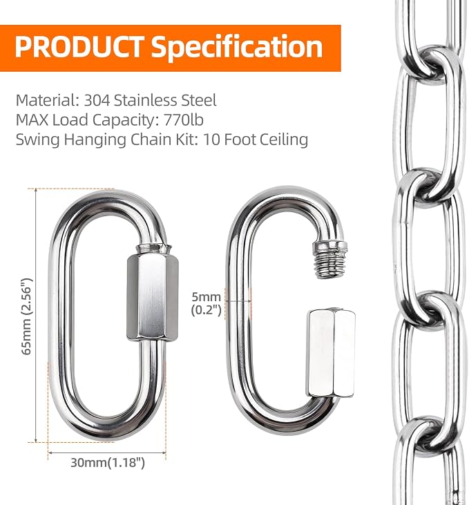 Yaeccc Heavy Duty Porch Swing Hanging Chain Kit, 2 Pack Stainless Steel Porch - Image 6