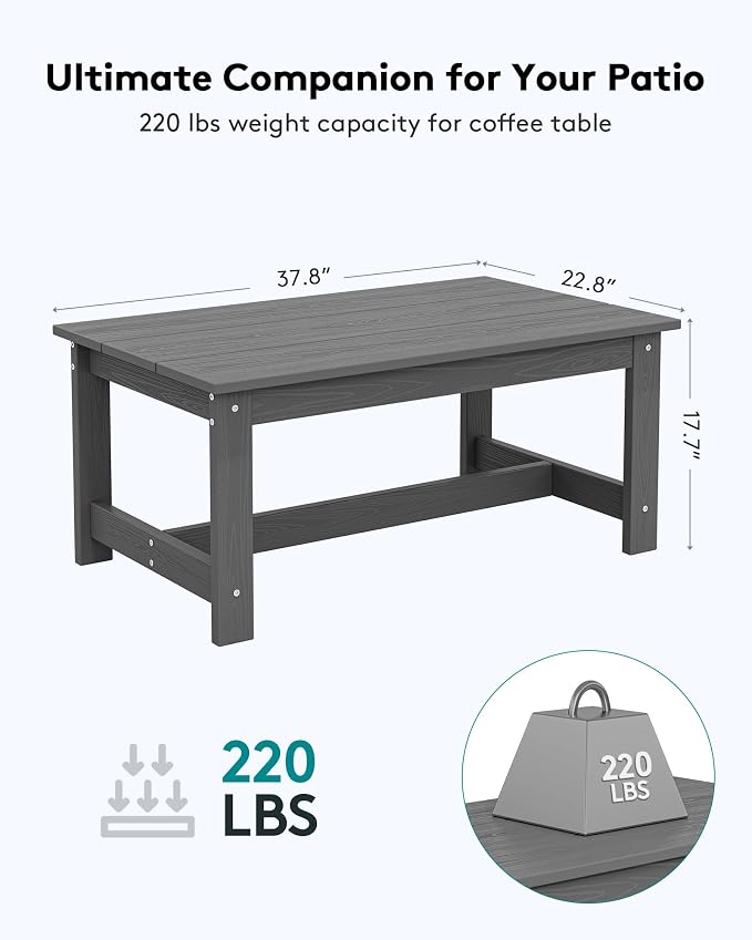SERWALL HDPE Patio Coffee Table, Rectangle Outdoor Coffee Table, All-Weather - Image 3