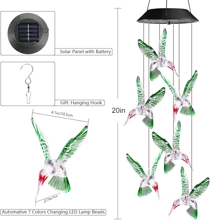 Toodour Solar Wind Chime, Color Changing Wind Chimes Hummingbird, LED - Image 2