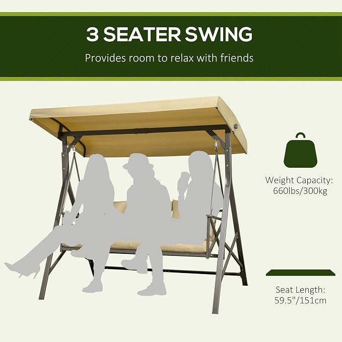 Outsunny 3-Seat Patio Swing Chair, Porch Swing Glider - Image 3