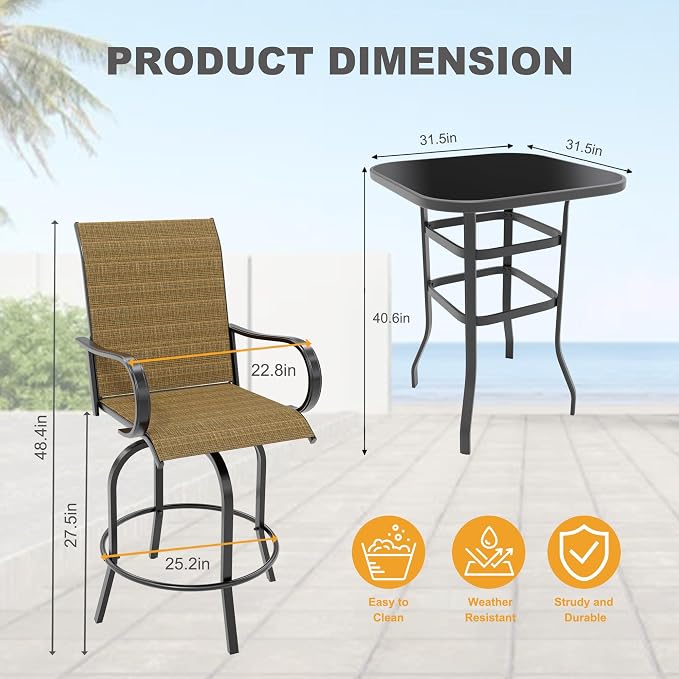 3 PCS Patio Swivel Bar Stools Set, 3 Piece Swivel Outdoor Table and Chairs Bar - Image 2