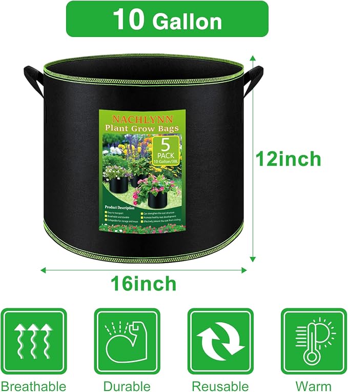 NACHLYNN 5-Pack 10 Gallon Grow Bags - Image 2