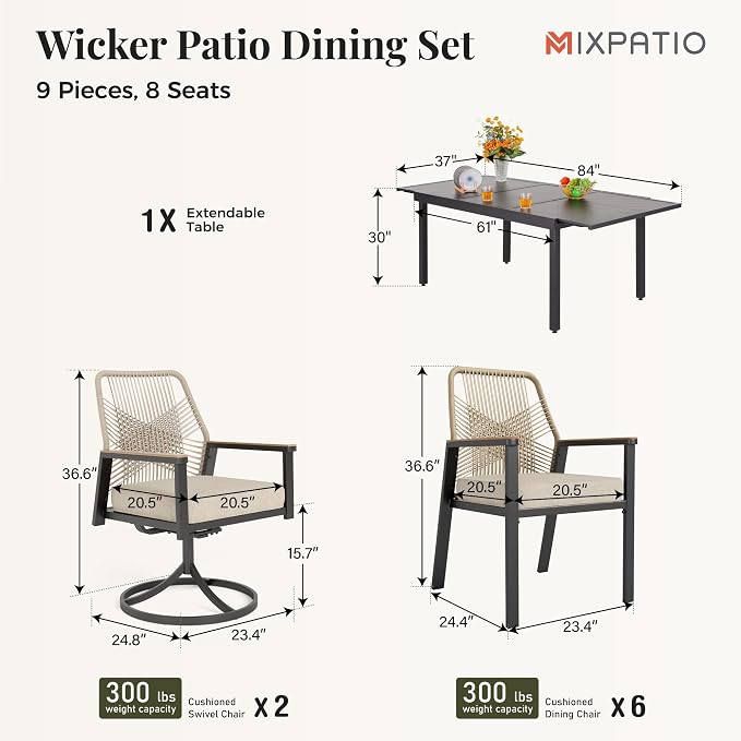 9 Pieces Outdoor Patio Dining Set, Wicker Patio Table and Chairs Set of 8 - Image 6