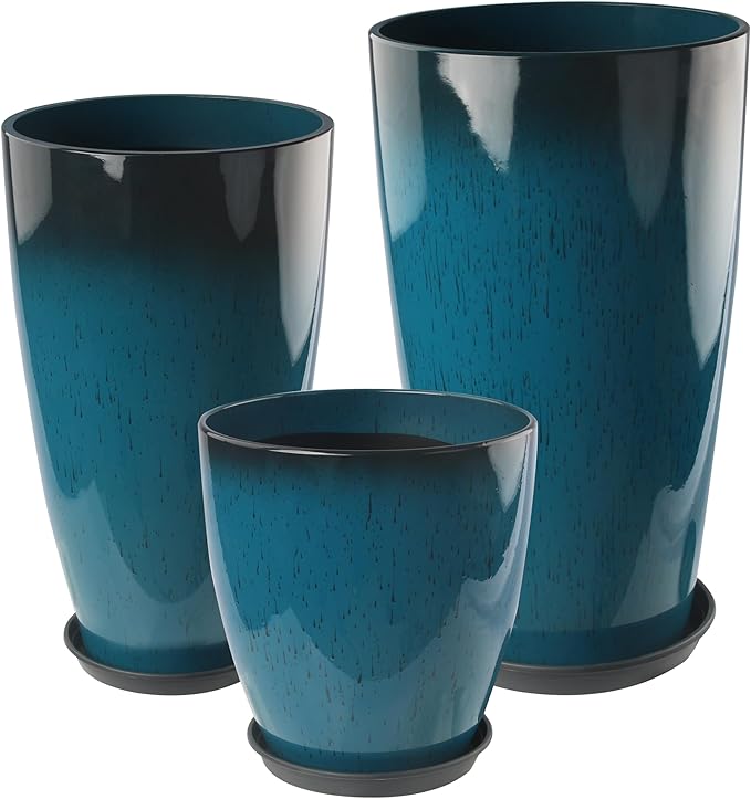 24-21-11 Inch Tall Planters Set of 3, Indoor Outdoor Blue Glossy Round Planter by Goldshire