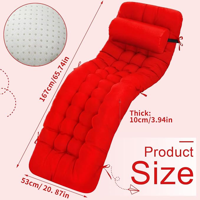 Tudomro 2 Pcs Bright Red 66'' Outdoor Chaise Lounge Cushion Waterproof Patio - Image 3