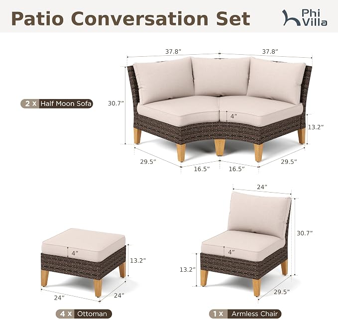 PHI VILLA 7-Piece Wicker Patio Furniture Set, Outdoor Half-Moon Curved - Image 2